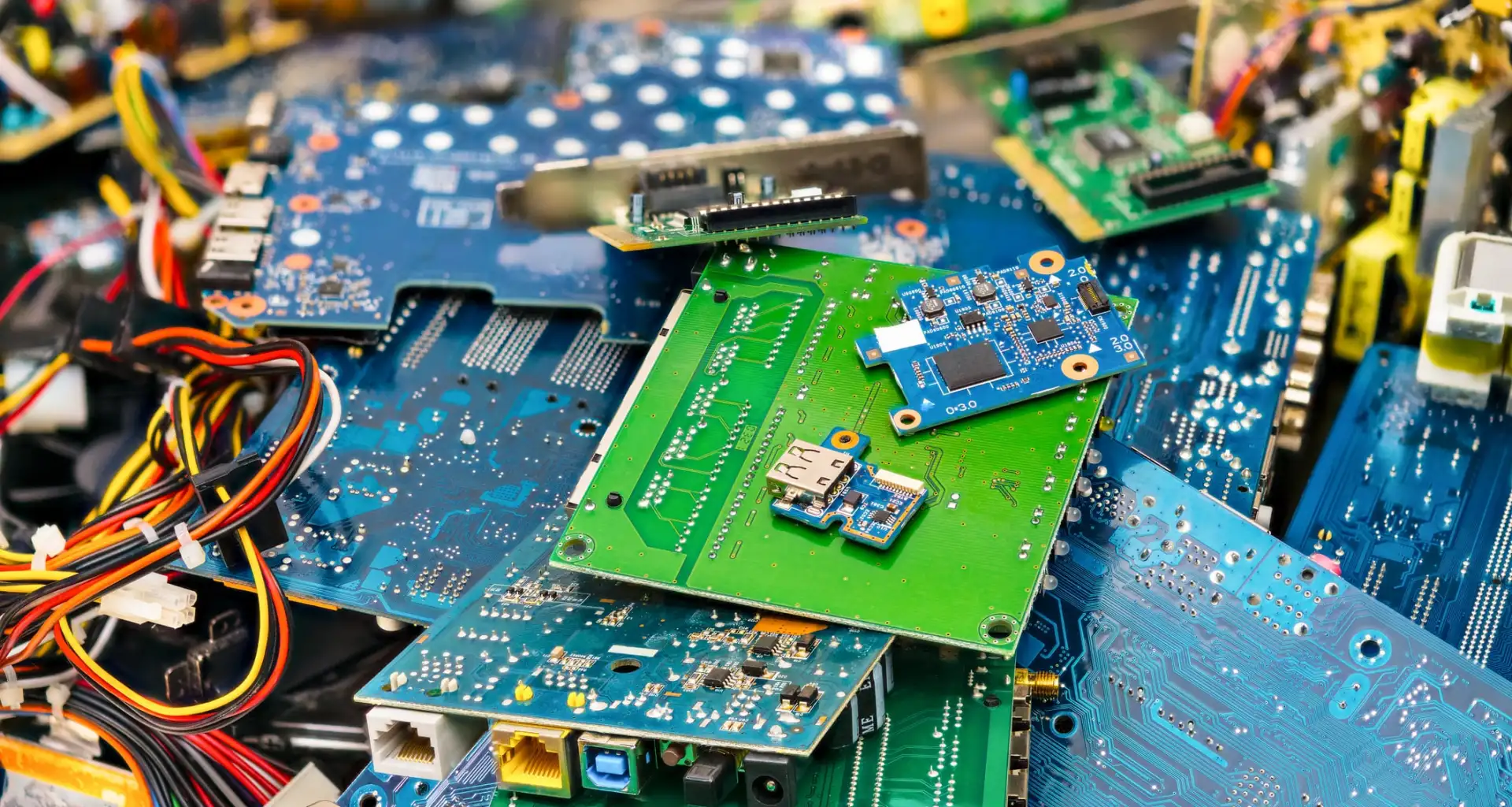 Pile of various green and blue electronic circuit boards with multi-colored cables attached.