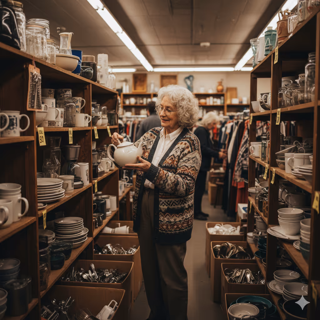 Elderly woman in a patterned cardigan examining a white teapot in a thrift store aisle filled with shelves and boxes of dishes and glassware.