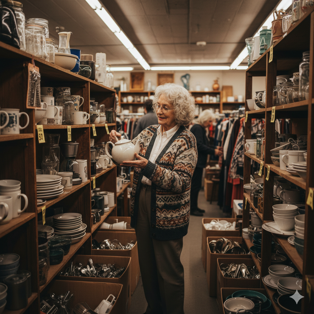 Elderly woman in a patterned cardigan examining a white teapot in a thrift store aisle filled with shelves and boxes of dishes and glassware.
