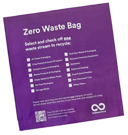 Purple Zero Waste Bag with instructions to select and check off one waste stream to recycle including categories like plastic packaging, pet food packaging, personal protective equipment, and more.