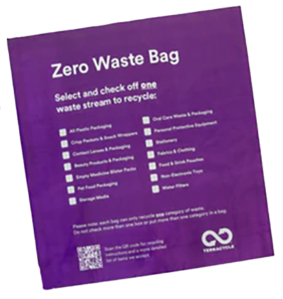 Purple Zero Waste Bag with instructions to select and check off one waste stream to recycle including categories like plastic packaging, pet food packaging, personal protective equipment, and more.