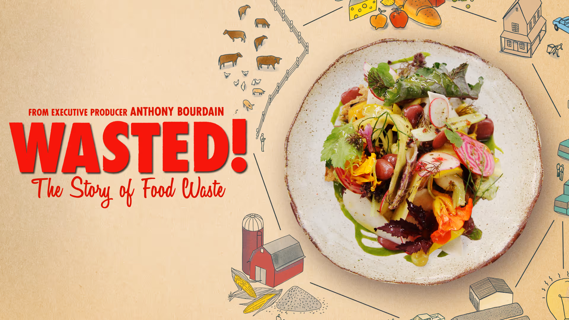 Promotional image for 'Wasted! The Story of Food Waste' featuring a plate with a colorful vegetable salad and illustrations of farm animals, crops, and food items.