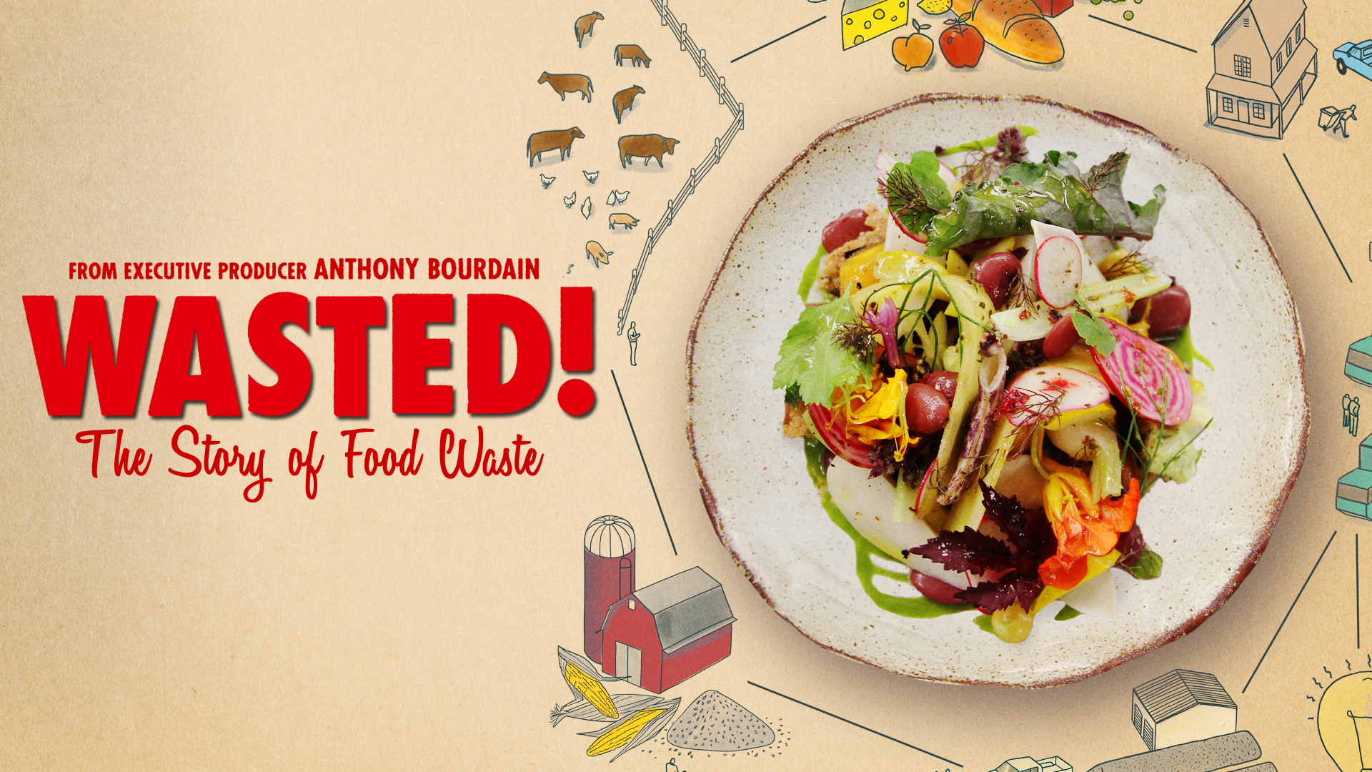 Promotional image for 'Wasted! The Story of Food Waste' featuring a plate with a colorful vegetable salad and illustrations of farm animals, crops, and food items.