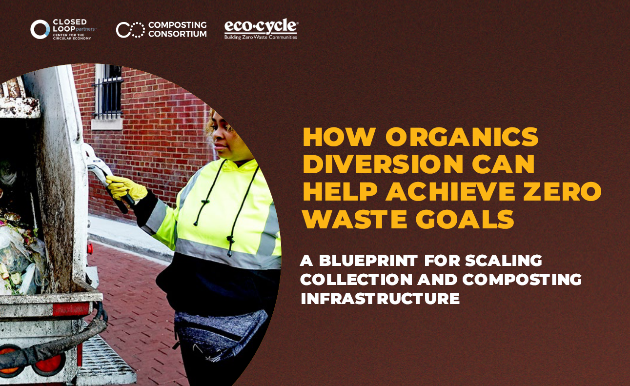 Person in a yellow safety jacket emptying organic waste into a truck beside text about organics diversion and zero waste goals.