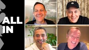 Four men smiling in a video call grid with 'ALL IN' text on the left side.