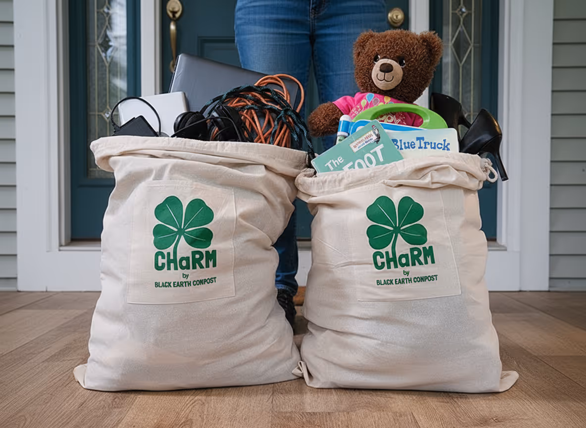 Two fabric bags labeled 'ChaRM by Black Earth Compost' filled with household items including a teddy bear, books, shoes, and electronic equipment.