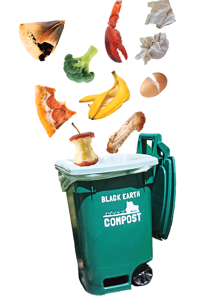 Green compost bin labeled 'Black Earth Compost' with various food scraps including pizza slice, banana peel, broccoli, cracked eggshell, chicken bone, lobster claw, coffee filter, and apple core hovering above it.