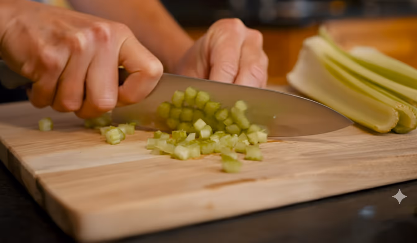 Person chopping celery into small pieces on a wooden cutting board with a large knife.