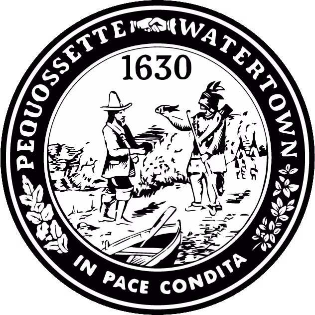 Seal of Watertown showing a colonial settler and a Native American exchanging a peace pipe, with the year 1630 and the motto 'IN PACE CONDITA'.
