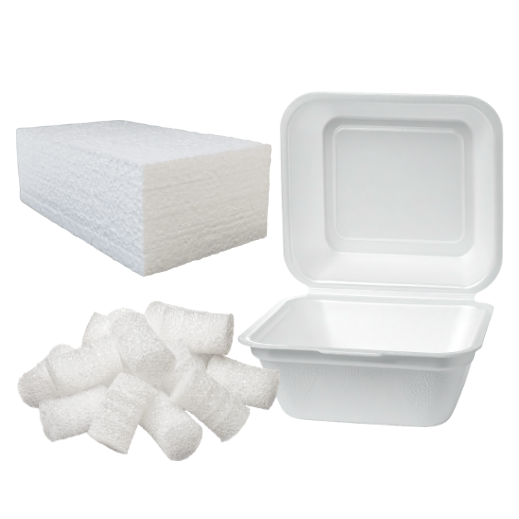 White foam plastic products including a rectangular block, packing peanuts, and an open food container.