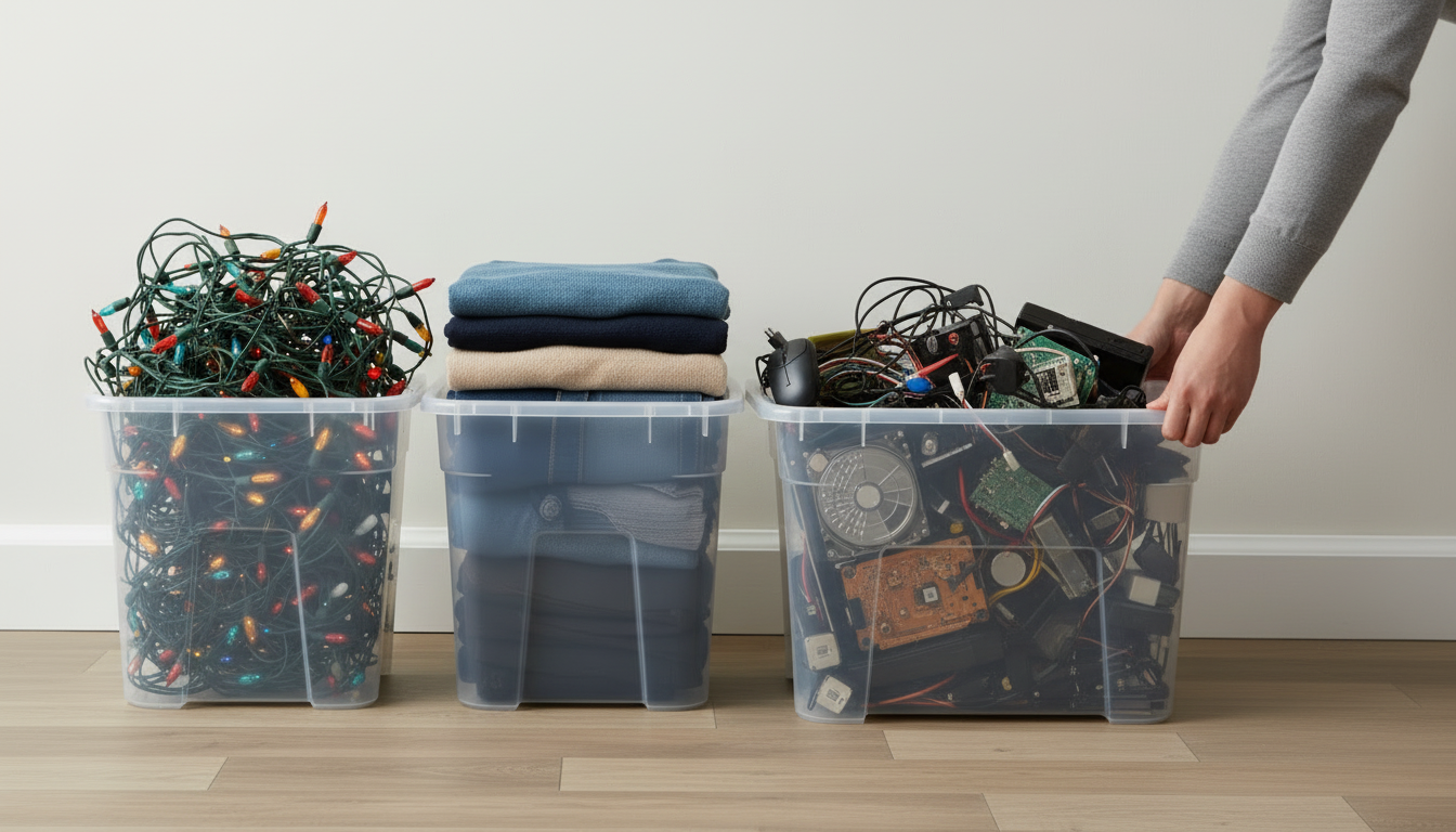 Three clear plastic bins: one with tangled colored Christmas lights, one with folded sweaters, and one with electronic components being lifted by a person.