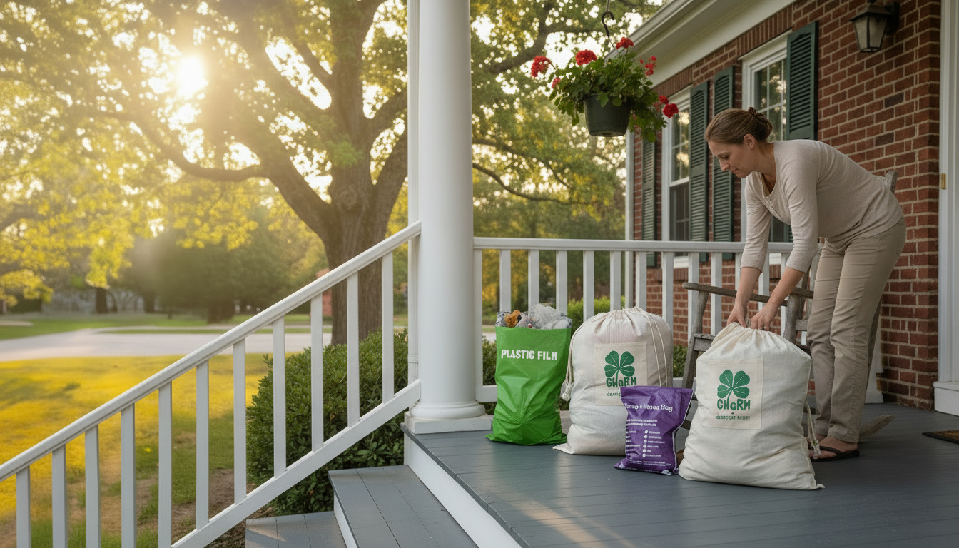 Woman organizing recycling bags labeled for plastic film and compost on a porch in the late afternoon.