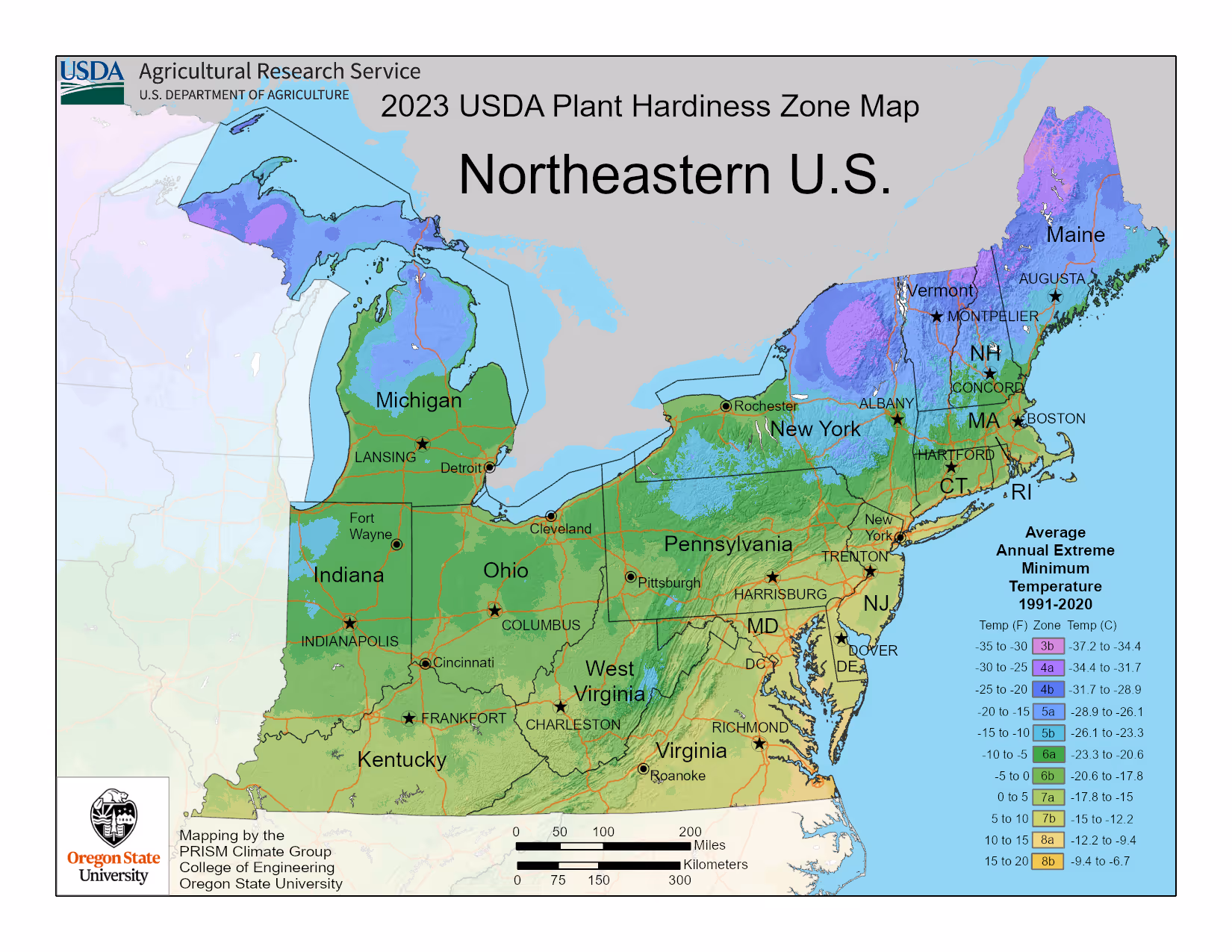 2023 USDA Plant Hardiness Zone Map of Northeastern U.S. showing zones 3b to 8b with color-coded temperature ranges and state boundaries.