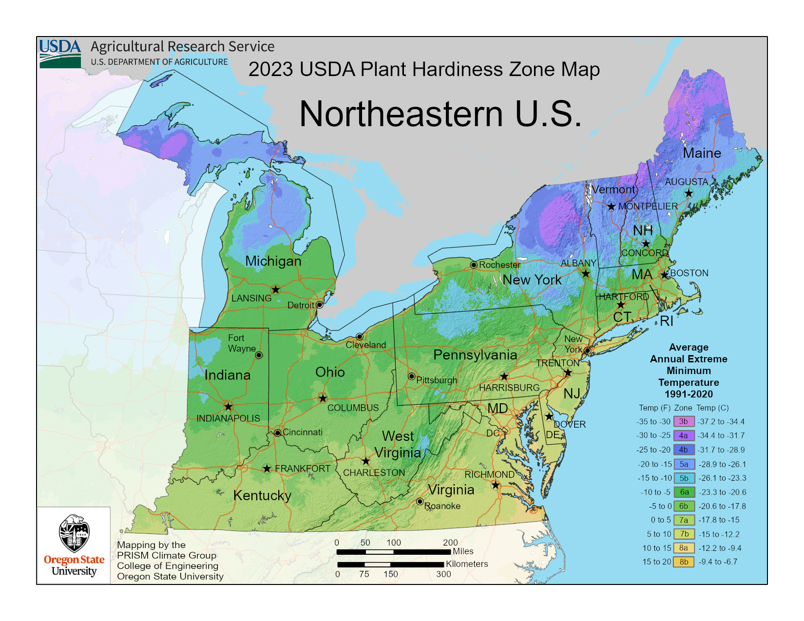 2023 USDA Plant Hardiness Zone Map of Northeastern U.S. showing zones 3b to 8b with color-coded temperature ranges and state boundaries.