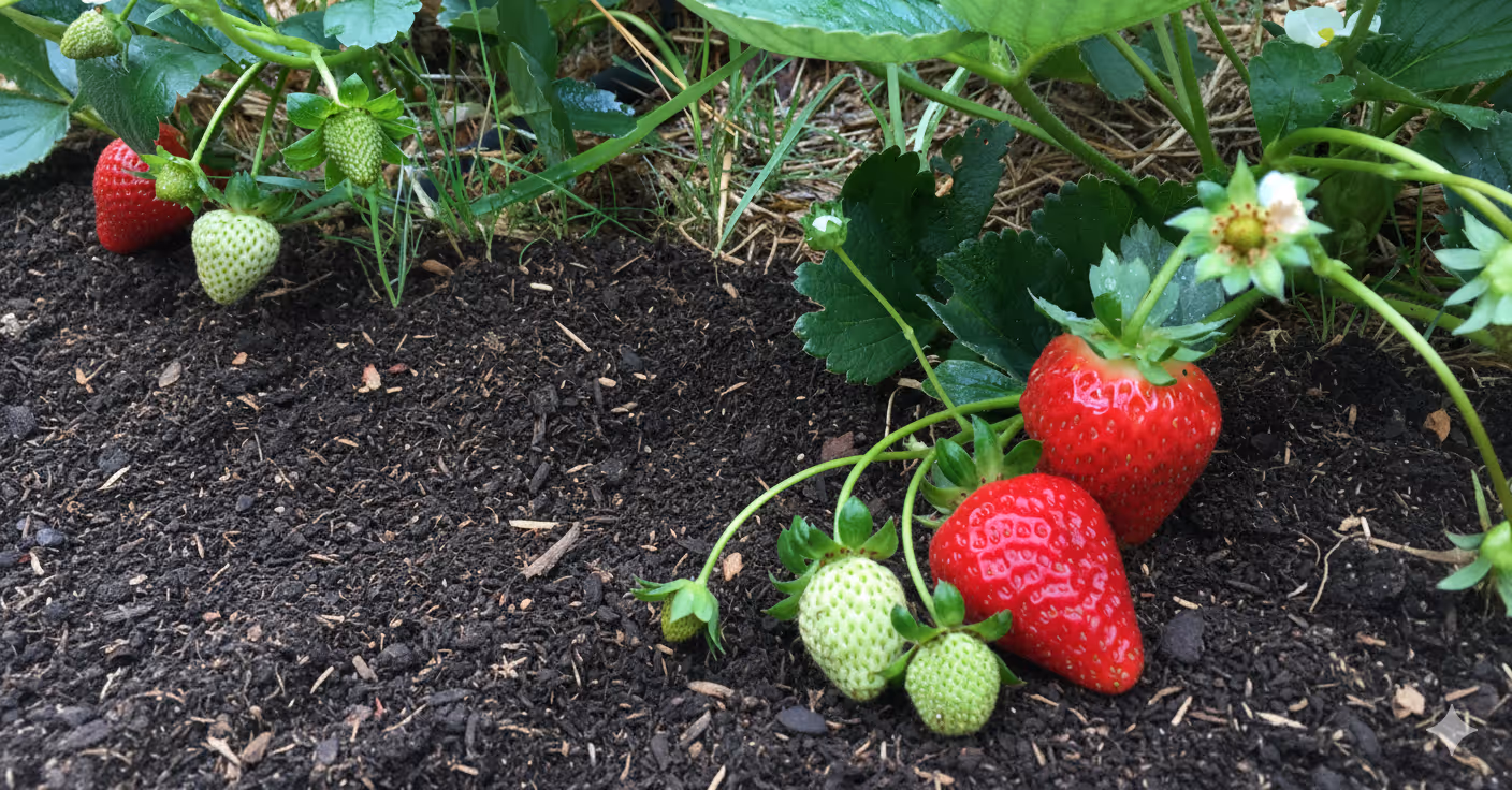 Strawberry plants with ripe red strawberries and unripe green strawberries growing in dark soil.