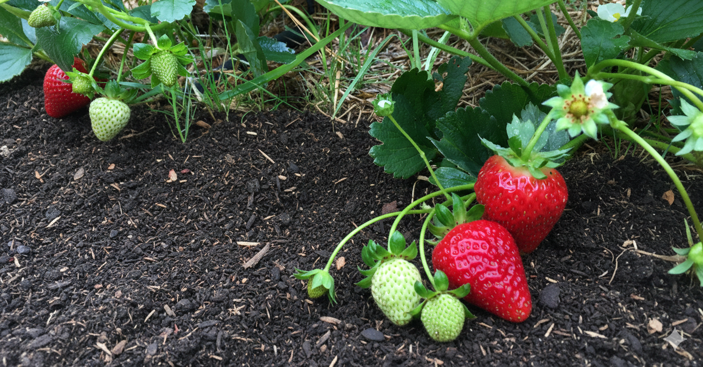 Strawberry plants with ripe red strawberries and unripe green strawberries growing in dark soil.