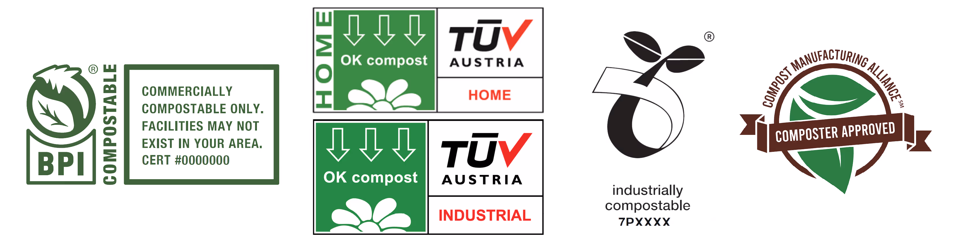 Five compostability certification logos including BPI Compostable, TÜV Austria OK Compost Home, TÜV Austria OK Compost Industrial, Industrially Compostable, and Composter Approved by Compost Manufacturing Alliance.