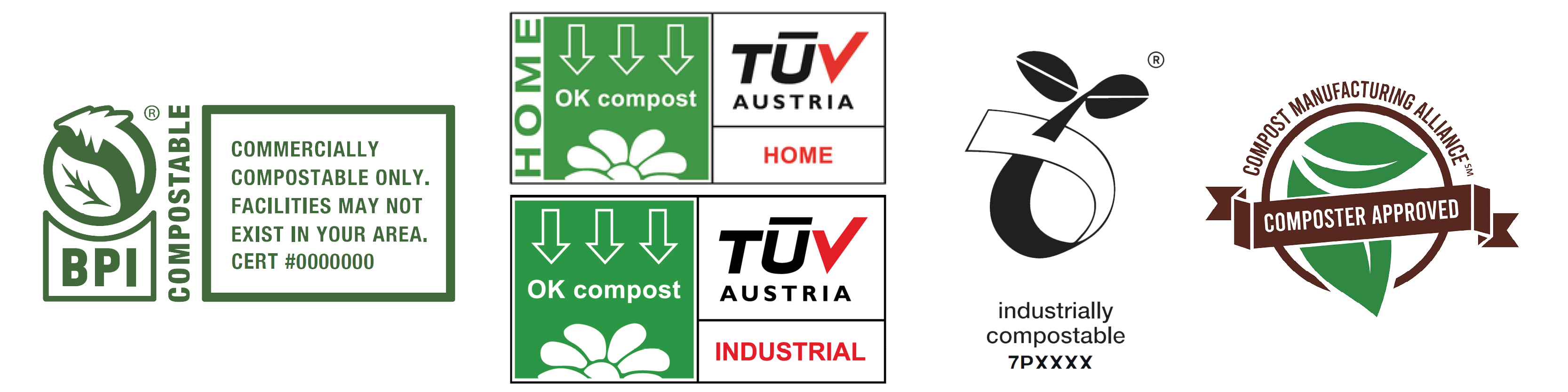 Five compostability certification logos including BPI Compostable, TÜV Austria OK Compost Home, TÜV Austria OK Compost Industrial, Industrially Compostable, and Composter Approved by Compost Manufacturing Alliance.