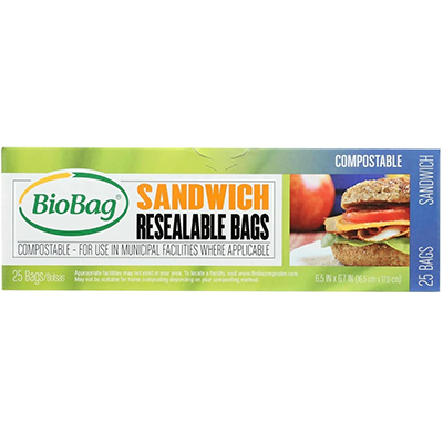 Box of BioBag compostable sandwich resealable bags with an image of a sandwich and tomatoes.