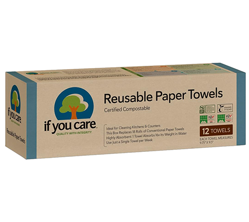 Box of if you care reusable compostable paper towels, contains 12 towels measuring 9.75 by 9.5 inches each.