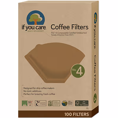 Box of if you care No. 4 coffee filters, FSC certified, unbleached, with 100 filters inside.