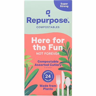 Box of Repurpose compostable assorted cutlery with 24 pieces made from plants, labeled 'Here for the Fun Not Forever'.