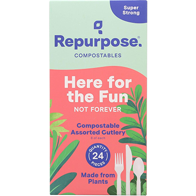 Box of Repurpose compostable assorted cutlery with 24 pieces made from plants, labeled 'Here for the Fun Not Forever'.