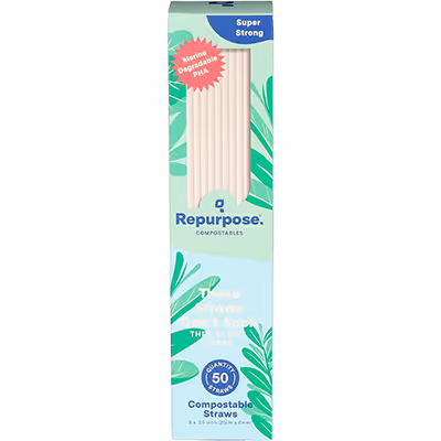 Package of Repurpose compostable paper straws with green leaf design, labeled super strong and marine biodegradable, contains 50 straws.