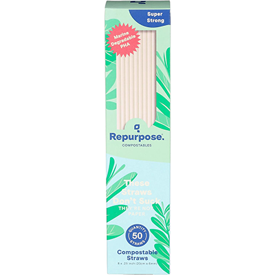 Package of Repurpose compostable paper straws with green leaf design, labeled super strong and marine biodegradable, contains 50 straws.