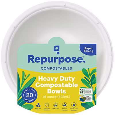 Repurpose heavy duty compostable bowls package containing 20 bowls, 16 ounces each, super strong and made from plants.
