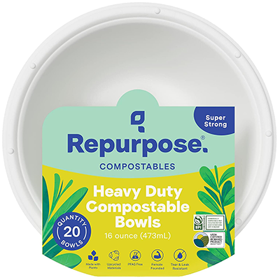 Repurpose heavy duty compostable bowls package containing 20 bowls, 16 ounces each, super strong and made from plants.