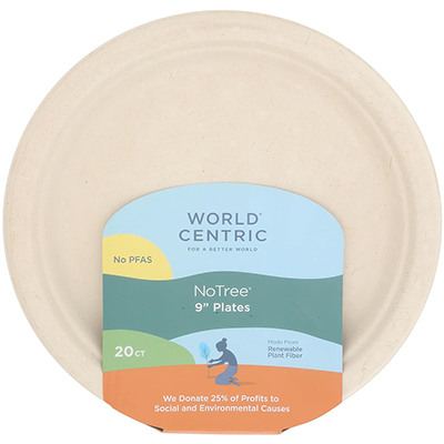 Pack of 20 World Centric NoTree 9-inch plates made from renewable plant fiber, with a label mentioning no PFAS and 25% profits donated to social and environmental causes.
