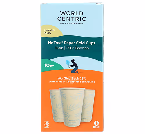 Box of World Centric NoTree Paper Cold Cups, 16oz, FSC Bamboo, 10 count, with an orange and green design showing three paper cups.
