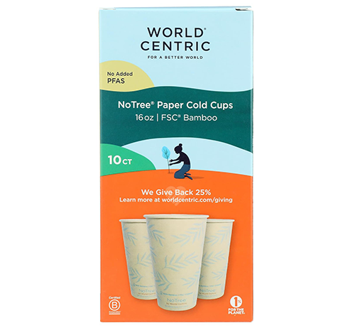 Box of World Centric NoTree Paper Cold Cups, 16oz, FSC Bamboo, 10 count, with an orange and green design showing three paper cups.