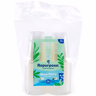 Clear compostable plastic cups in a transparent bag labeled Repurpose with eco-friendly plant-based design.