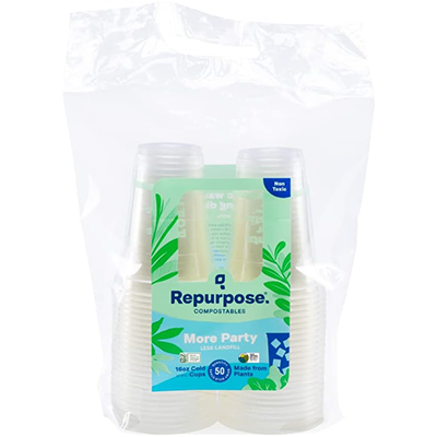 Clear compostable plastic cups in a transparent bag labeled Repurpose with eco-friendly plant-based design.