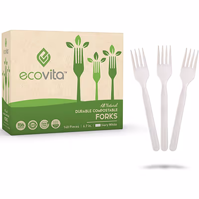 Box of Ecovita all natural durable compostable forks with three ivory white forks beside it.