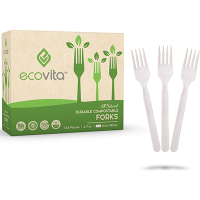 Box of Ecovita all natural durable compostable forks with three ivory white forks beside it.