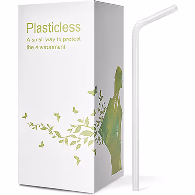 Box labeled 'Plasticless: A small way to protect the environment' with a green silhouette of a person surrounded by leaves and butterflies, next to a white bendable drinking straw.