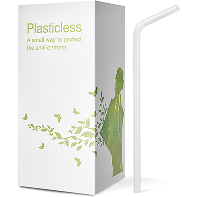 Box labeled 'Plasticless: A small way to protect the environment' with a green silhouette of a person surrounded by leaves and butterflies, next to a white bendable drinking straw.