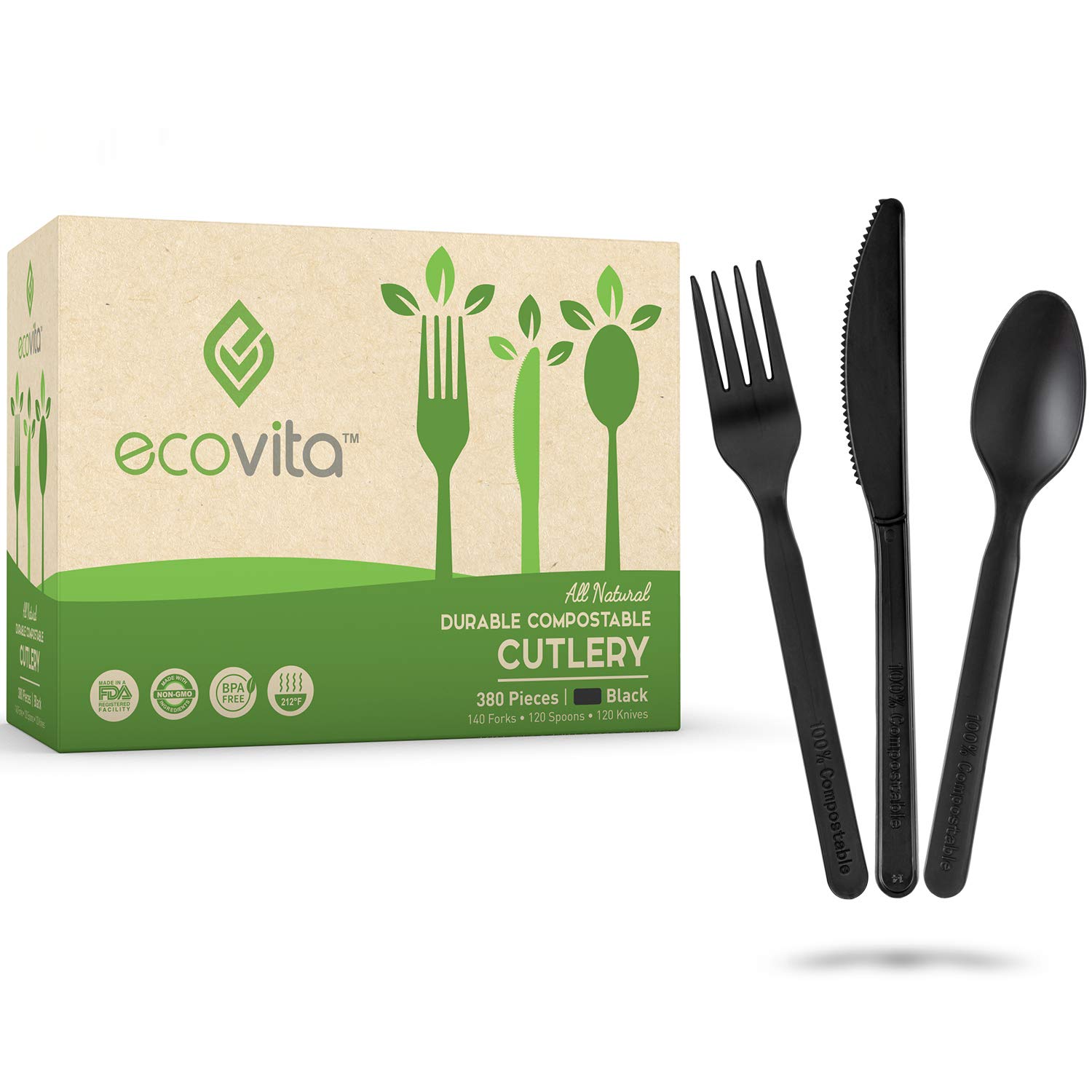 Ecovita all natural durable compostable black cutlery set box and three black utensils: fork, knife, and spoon.