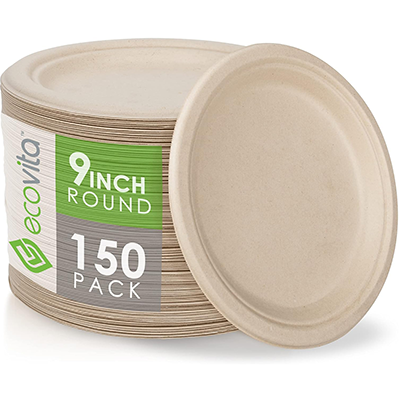 Stack of 150 EcoVita 9-inch round biodegradable plates with one plate leaning against the stack.