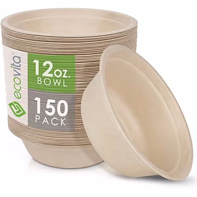 Pack of 150 EcoVita 12 oz disposable beige bowls made from eco-friendly material.