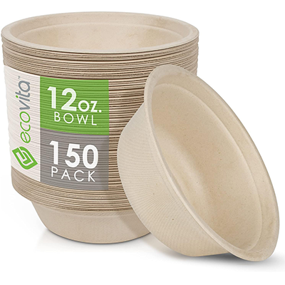 Pack of 150 EcoVita 12 oz disposable beige bowls made from eco-friendly material.