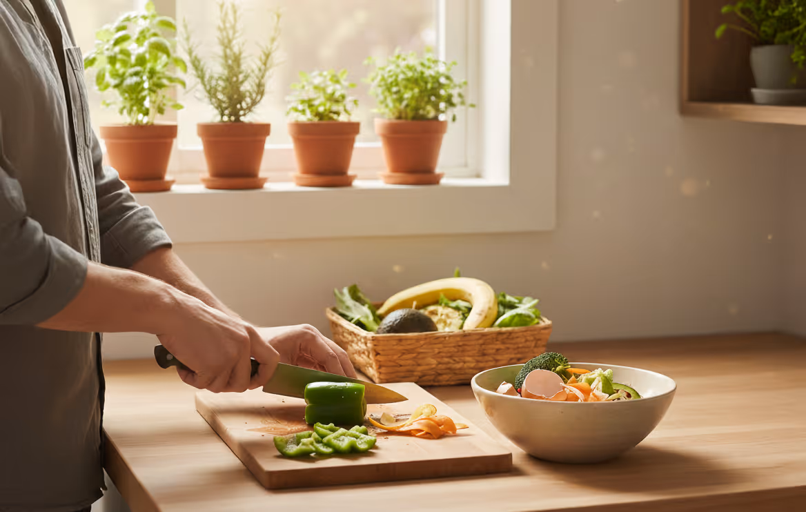 Person slicing green bell pepper on a wooden cutting board next to a bowl containing vegetable scraps, with potted herbs on the windowsill in the background.