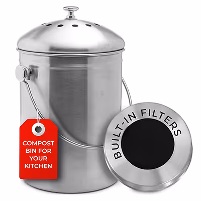 Stainless steel compost bin for kitchen with built-in filters and a red tag that reads 'Compost bin for your kitchen.'
