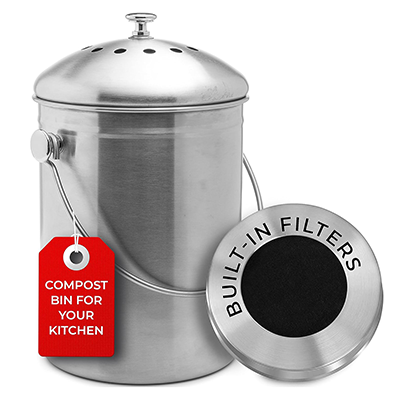 Stainless steel compost bin for kitchen with built-in filters and a red tag that reads 'Compost bin for your kitchen.'