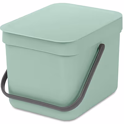 Small rectangular mint green compost bin with a matching lid and dark gray handle.