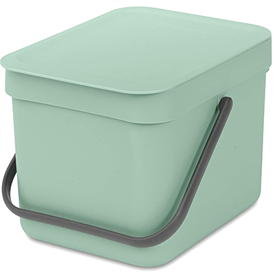 Small rectangular mint green compost bin with a matching lid and dark gray handle.