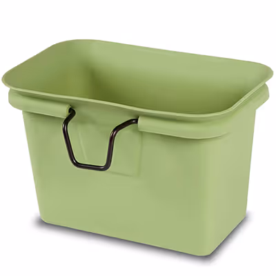 Light green rectangular freezer storage bin with a black handle on the front.